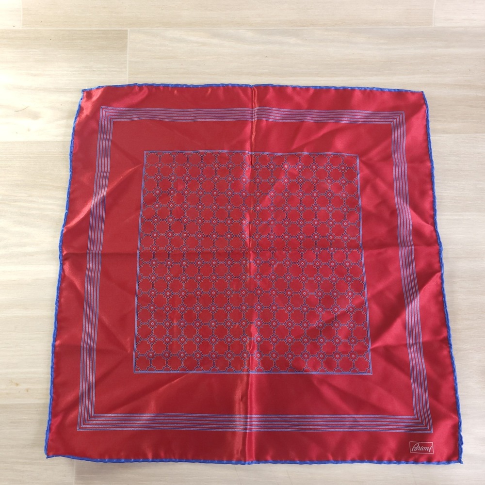 Brioni Silk Pocket Square Burgundy Blue Geometric Medallion Made in Italy Luxury